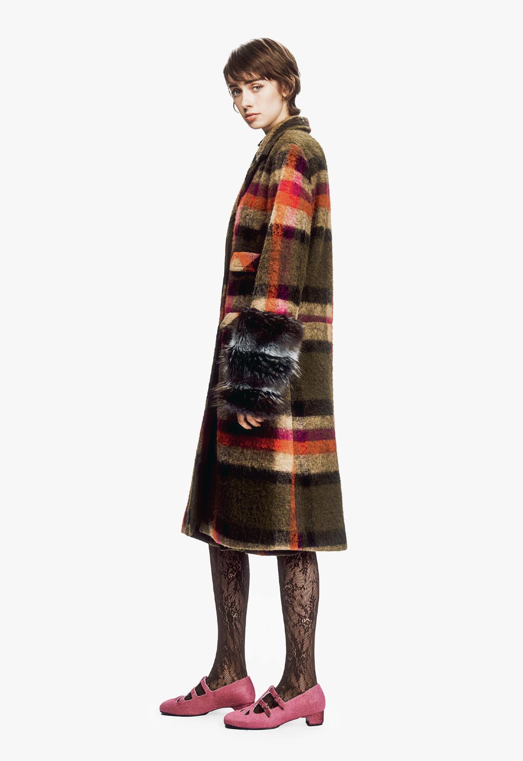 BRUSHED WOOL PLAID & CHARCOAL FAUX FUR COAT