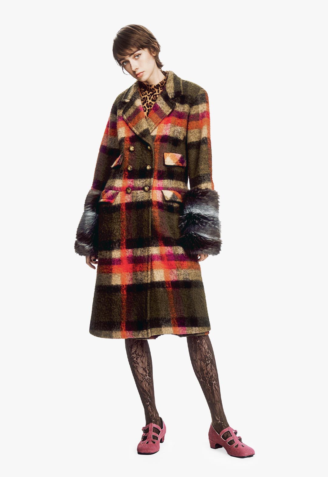 BRUSHED WOOL PLAID & CHARCOAL FAUX FUR COAT