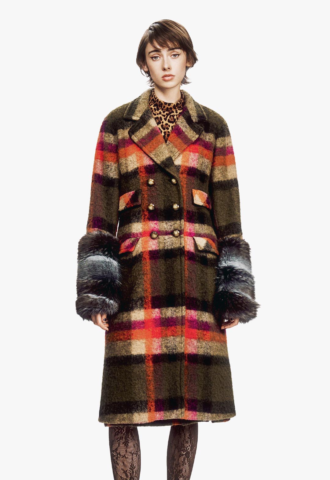 BRUSHED WOOL PLAID & CHARCOAL FAUX FUR COAT