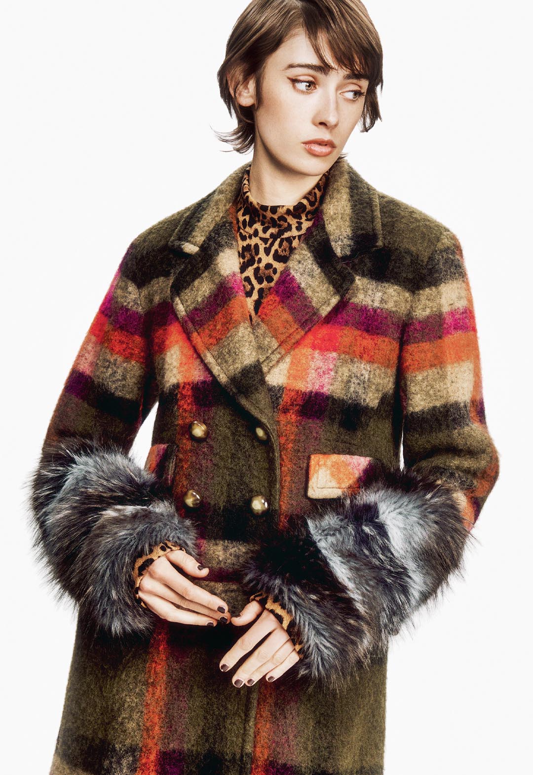 BRUSHED WOOL PLAID & CHARCOAL FAUX FUR COAT