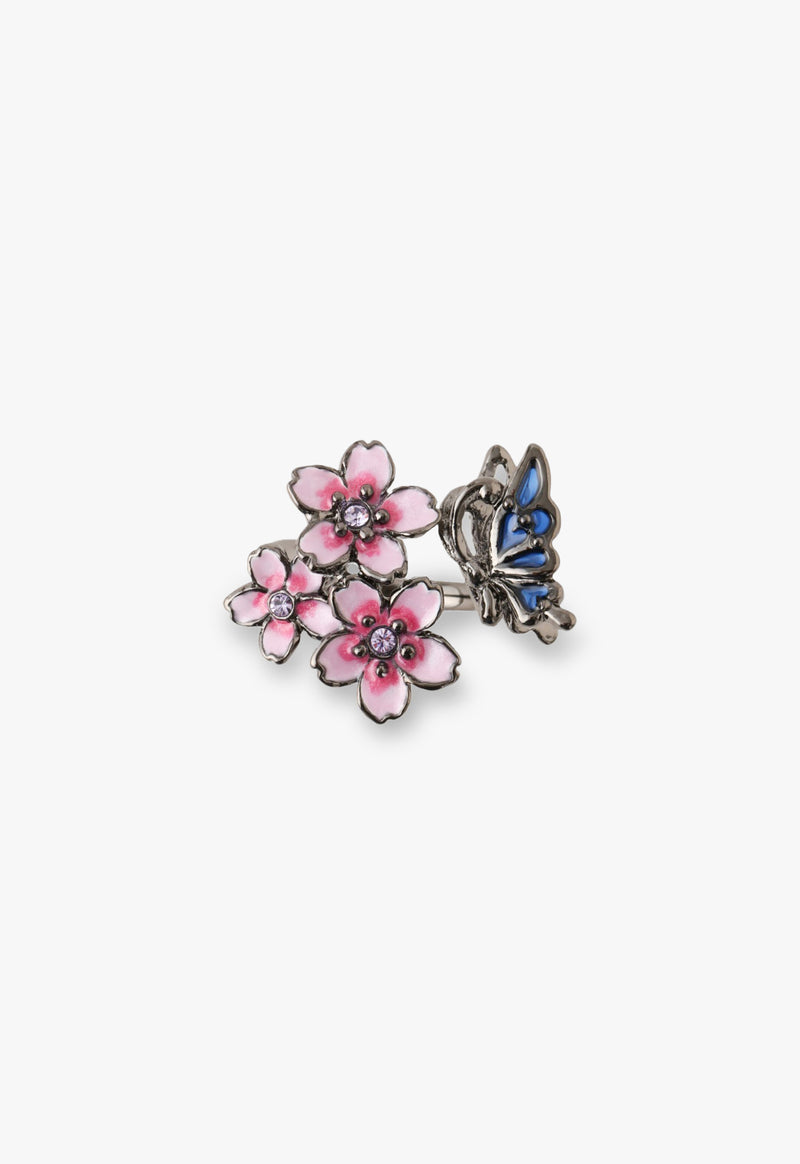 Night cherry blossom and butterfly motif ring