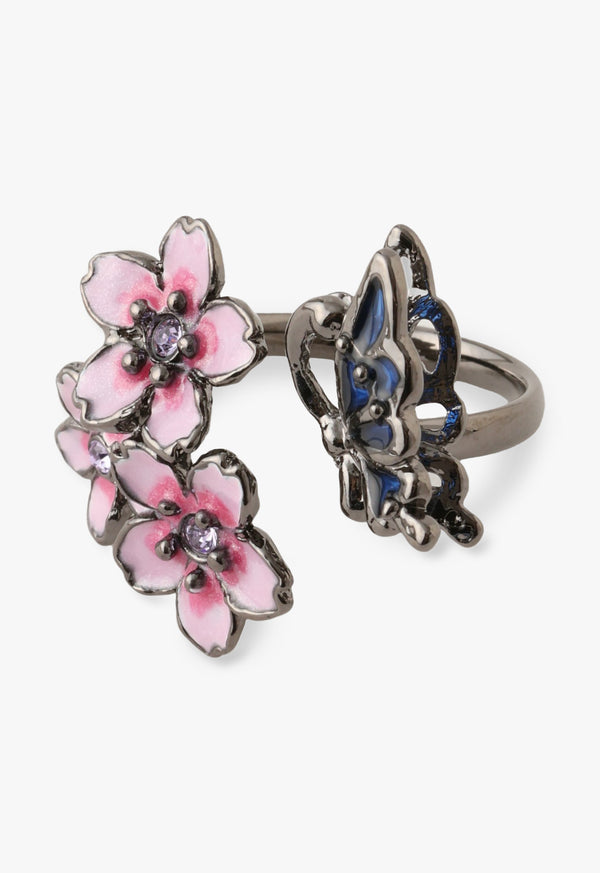 Night cherry blossom and butterfly motif ring