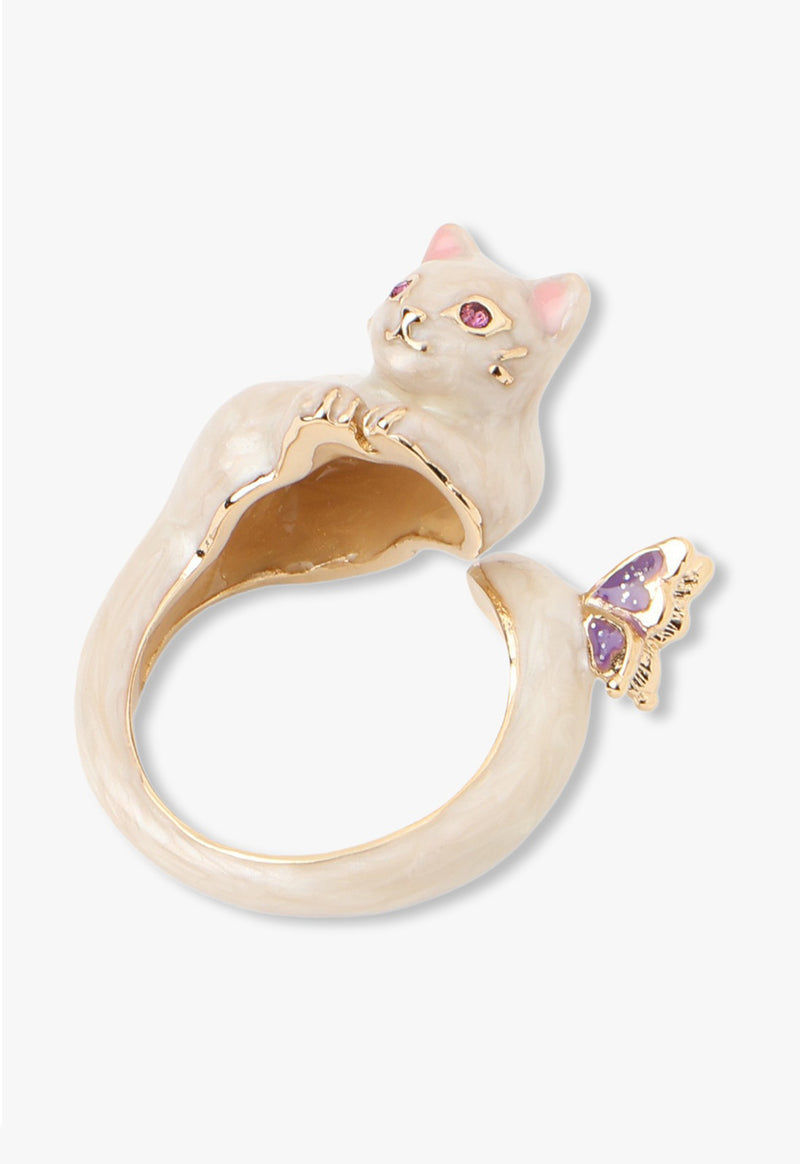 White cat motif ring