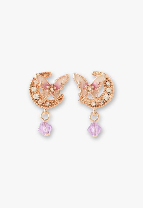 Butterfly and crescent moon motif earrings