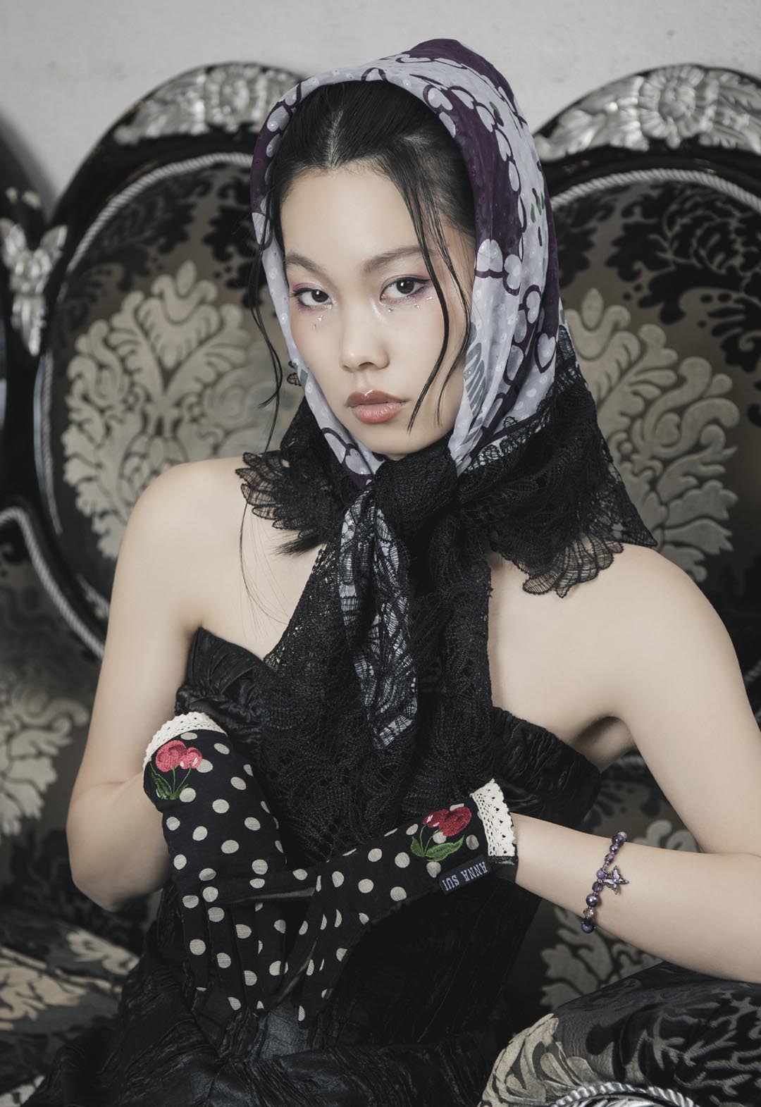 櫻桃圖案的防紫外線短手套